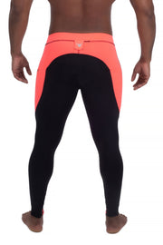 back side of black and coral two-color men's compression leggings