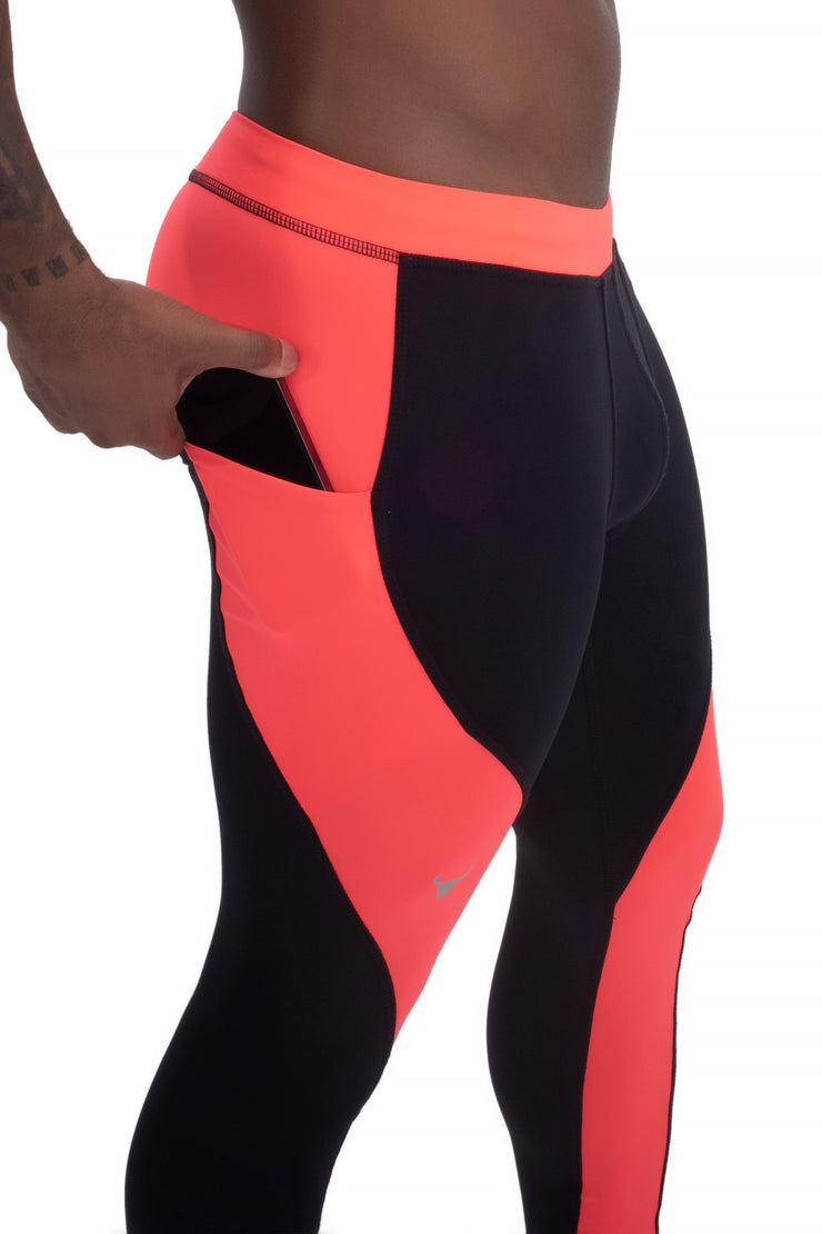 black and coral two-color men's compression leggings with pockets