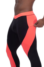 black and coral two-color men's compression leggings with zipper pockets