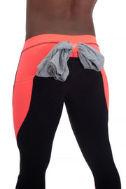 black and coral two-color men's compression leggings with t-shirt loop