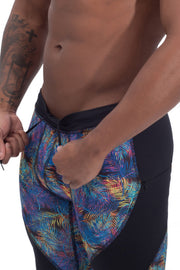 adjustable neon leaves compression pants for men with drawstring