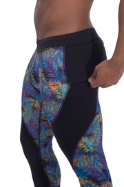 men's neon leaves compression pants with secure zip pocket