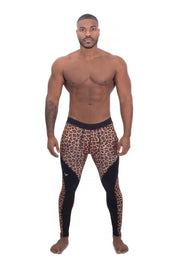 male model wearing leopard printed performance compression pants