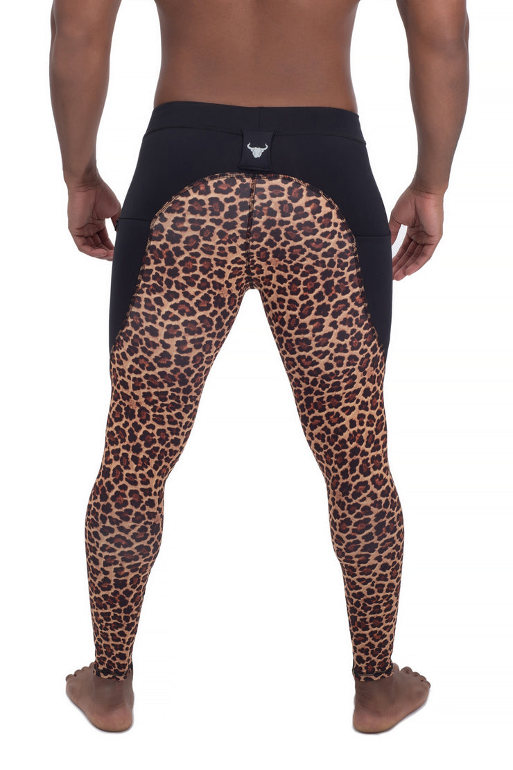 back of full-length leopard print compression leggings for men