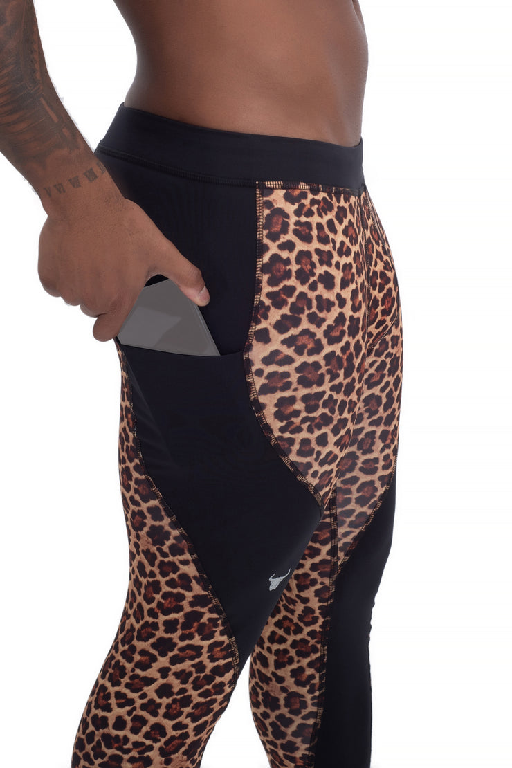 side view of leopard printed meggings with phone pocket