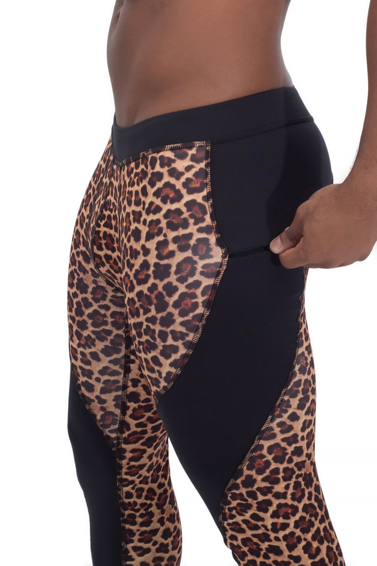 leopard printed compression leggings for men with secure zip pocket