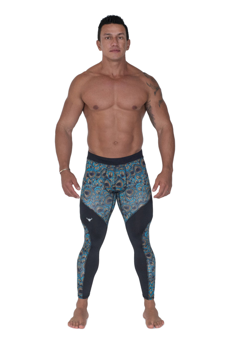 male model wearing full-length compression pants with peacock design