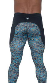 back side of printed peacock compression pants for men