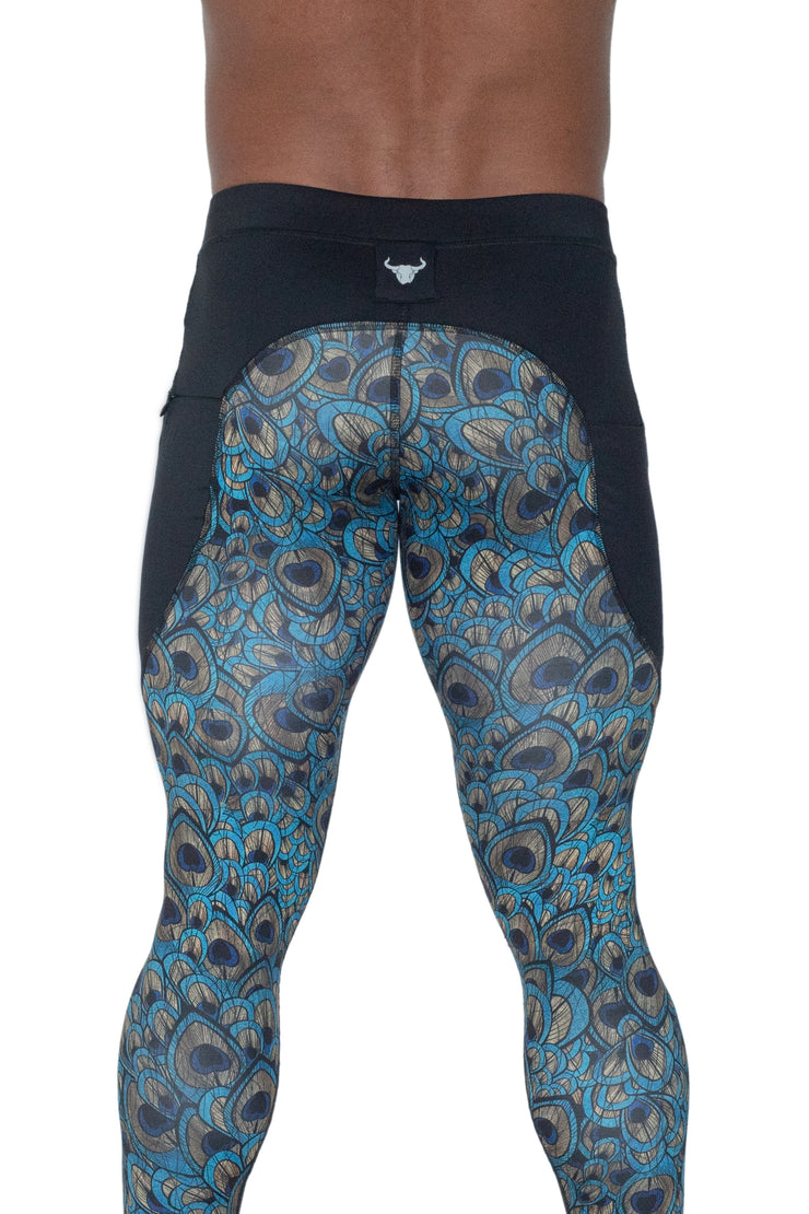 back side of printed peacock compression pants for men