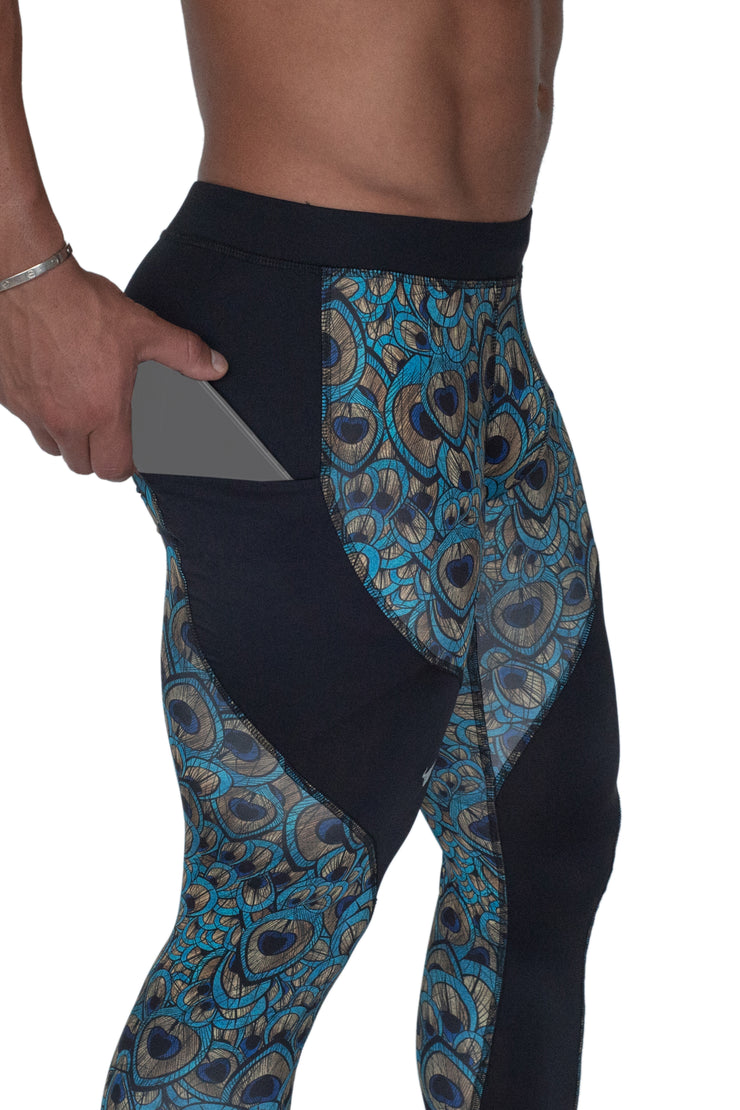 men's peacock printed compression workout pants with phone pocket