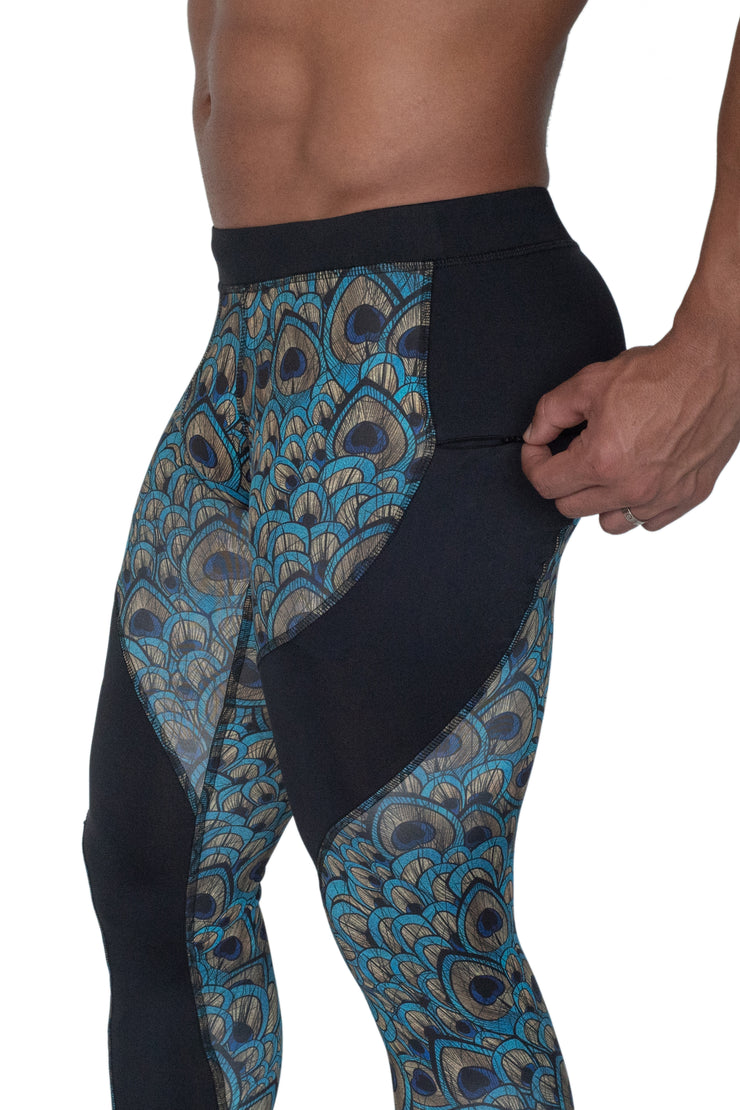 men's peacock compression tights with secure zip pocket