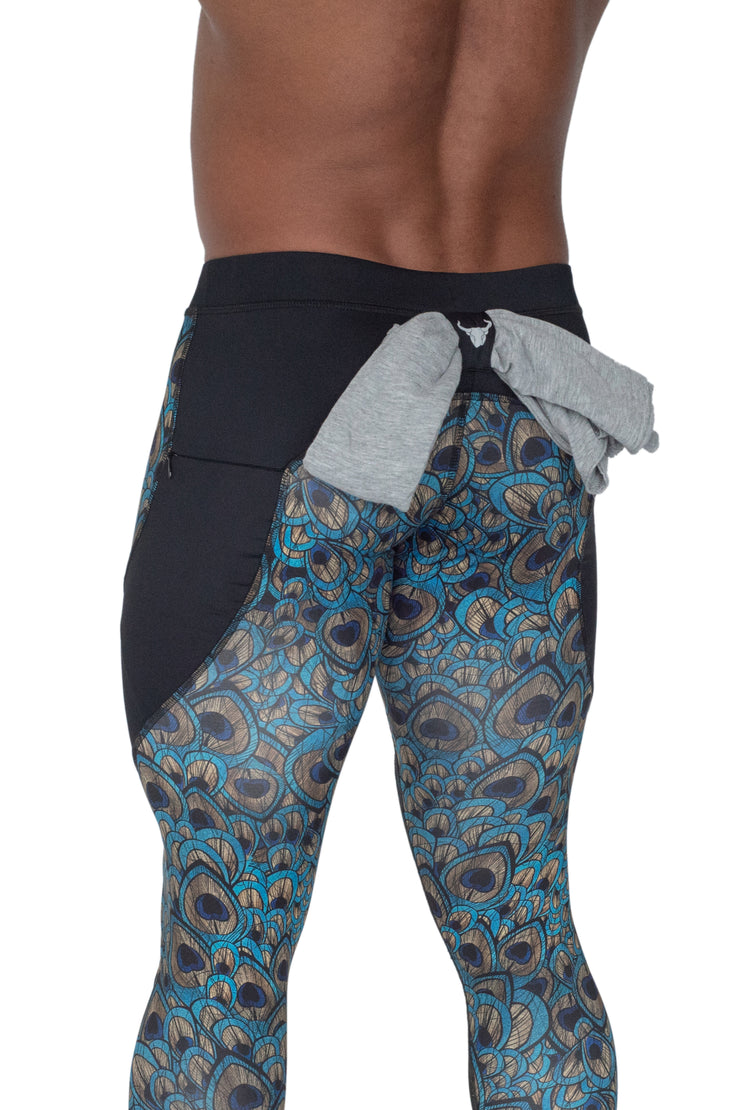 men's compression pants with printed peacock design featuring t-shirt loop