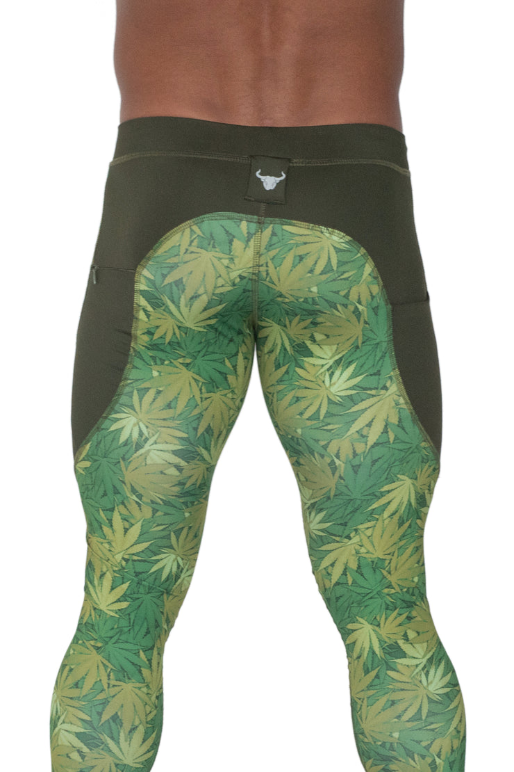 back of green weed performance leggings for men