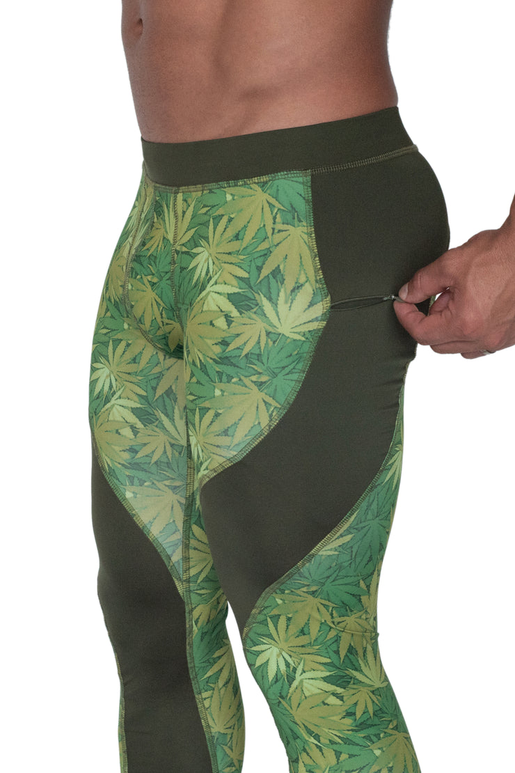 men's weed workout meggings with secure zip pocket