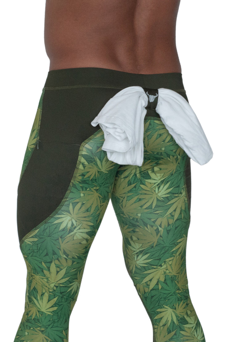 men's compression pants with weed leaves and t-shirt loop