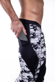 black and gray camo full-length men's compression leggings with side pockets
