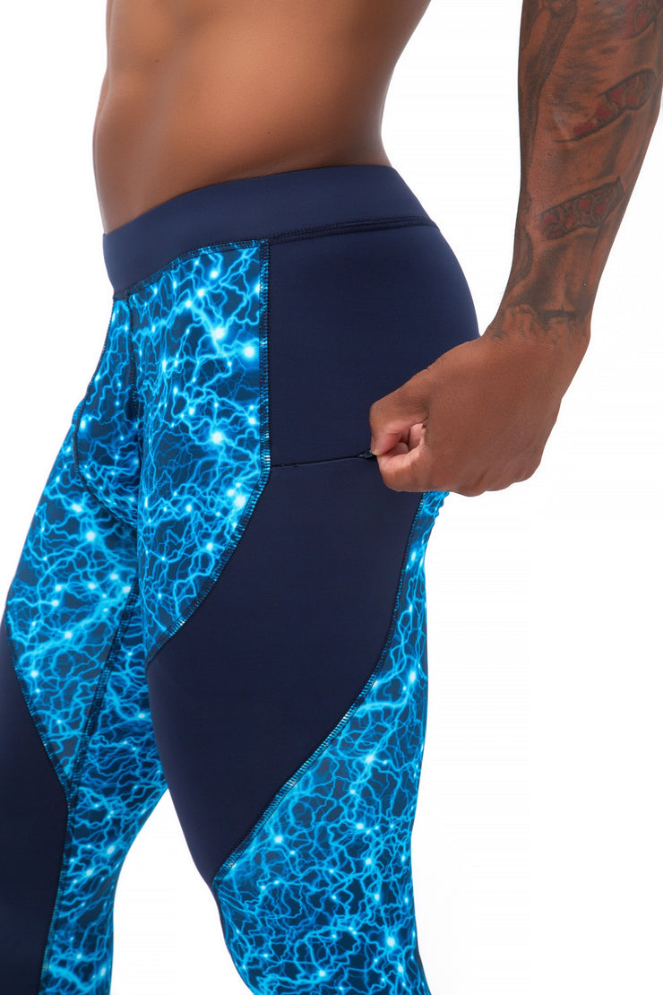 men's blue lighting leggings with zip pocket