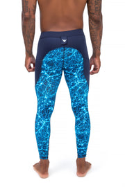 back side of men's blue lighting compression tights