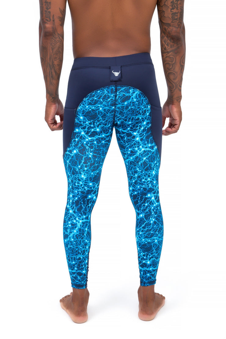 back side of men's blue lighting compression tights