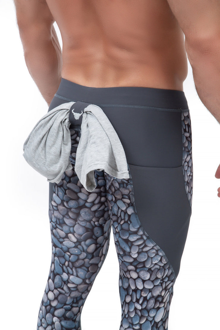 back of men's gray pebble compression leggings