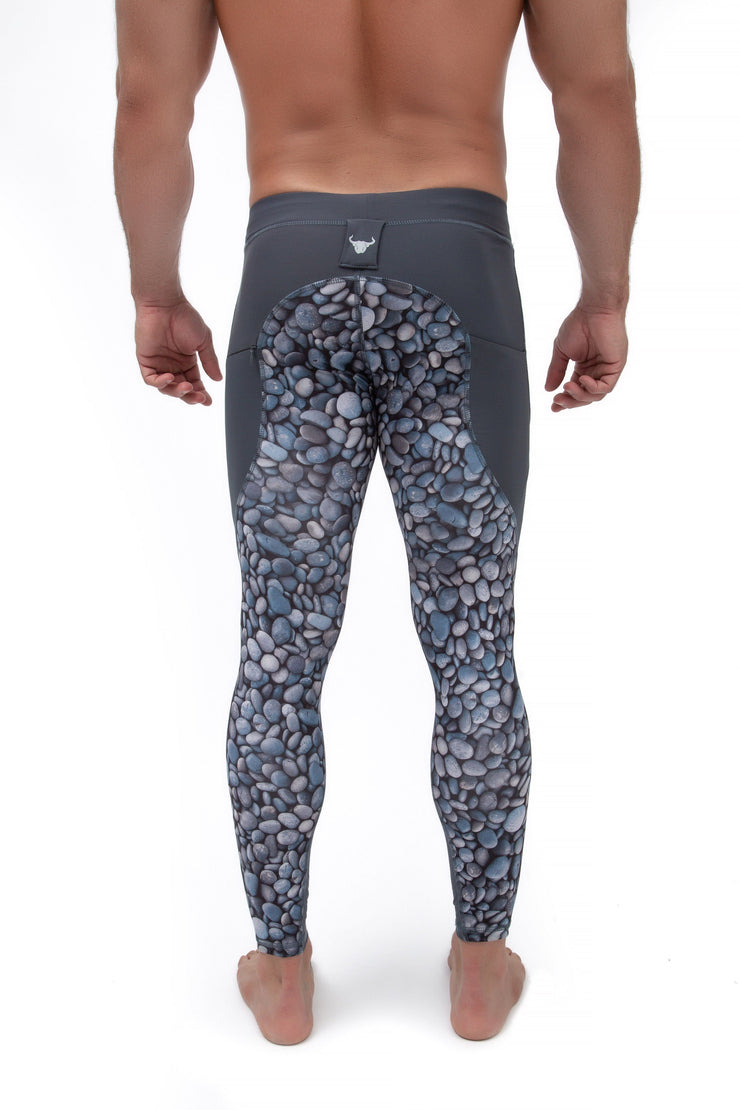 back side of men's gray pebble compression leggings