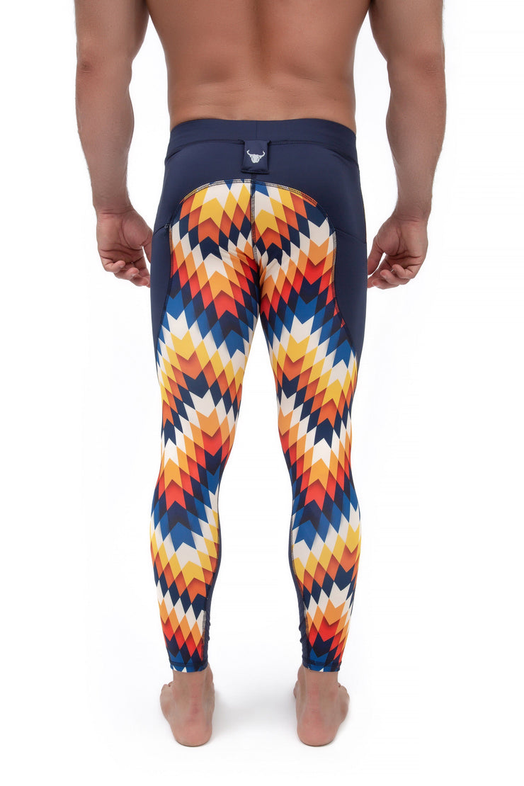 back side of multi-color arrow full-length men's compression leggings