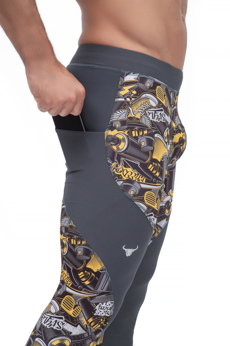 men's gray graffiti full-length compression leggings with phone pocket