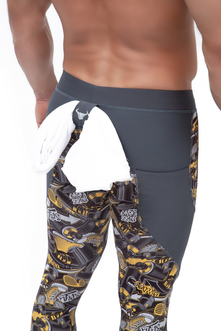 men's gray graffiti compression leggings with t-shirt holding loop