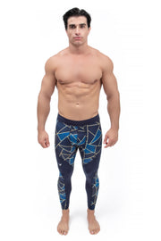 male model wearing full-length men's leggings with blue geometric triangles