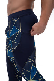 full-length men's leggings with blue geometric triangles and zipper pockets