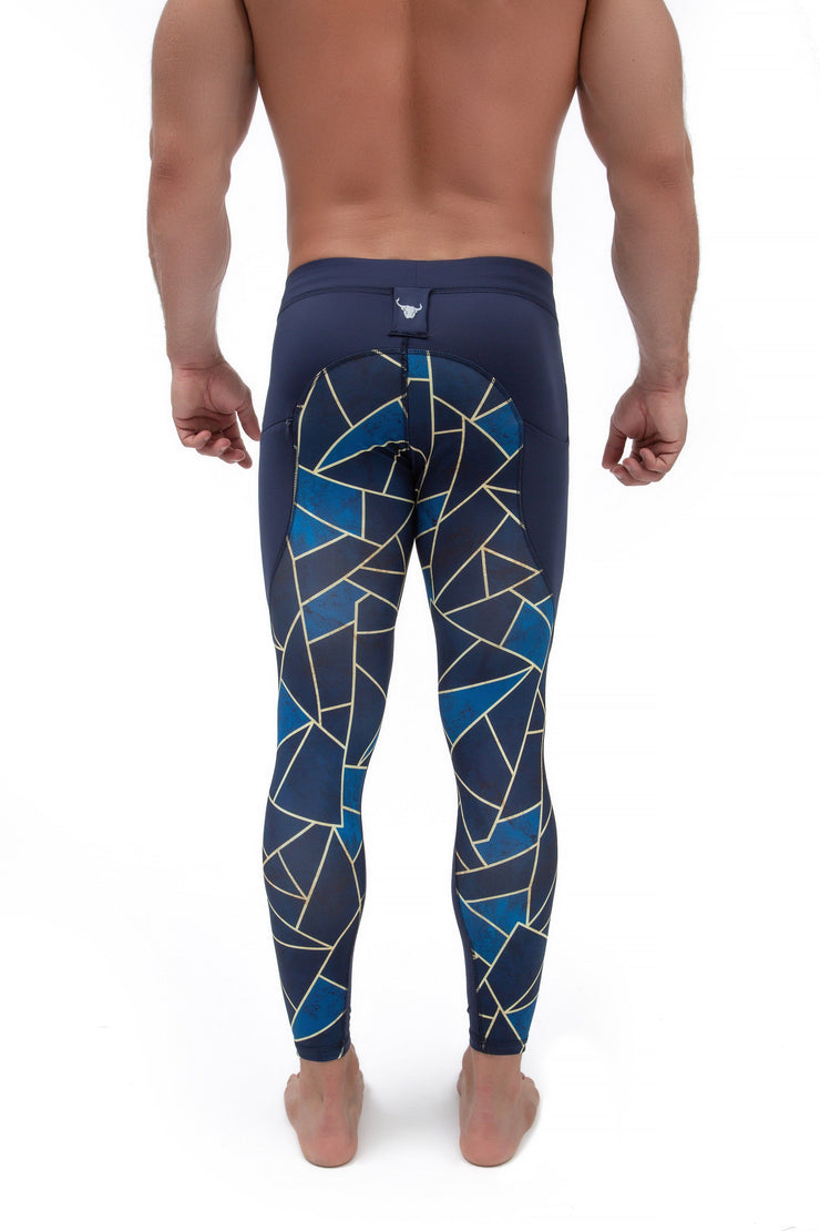 back side of comfortable men's leggings with blue geometric triangles