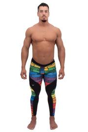 male model wearing rainbow print mens spandex pants