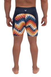 backside of half-length leggings for men with printed multicolor arrow design