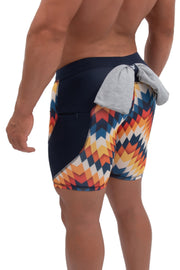multi-color men's performance leggings with printed arrow design