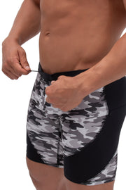 adjustable black and gray half-length camo shorts for men