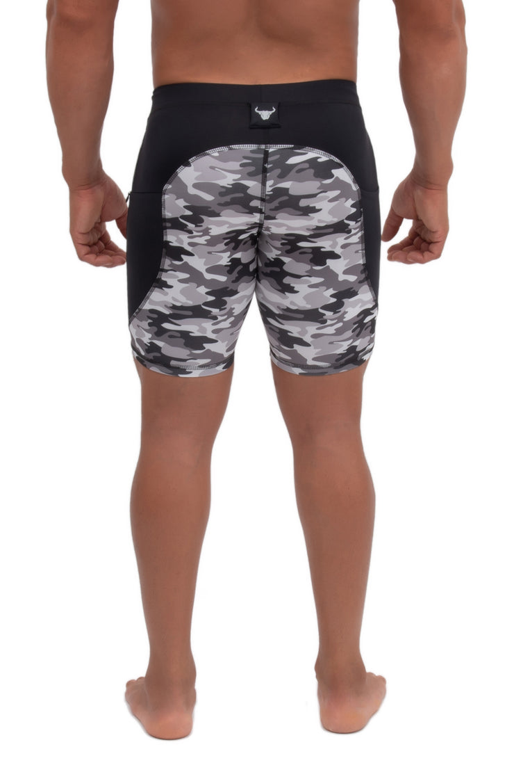 back side of gray camo short length workout pants for men