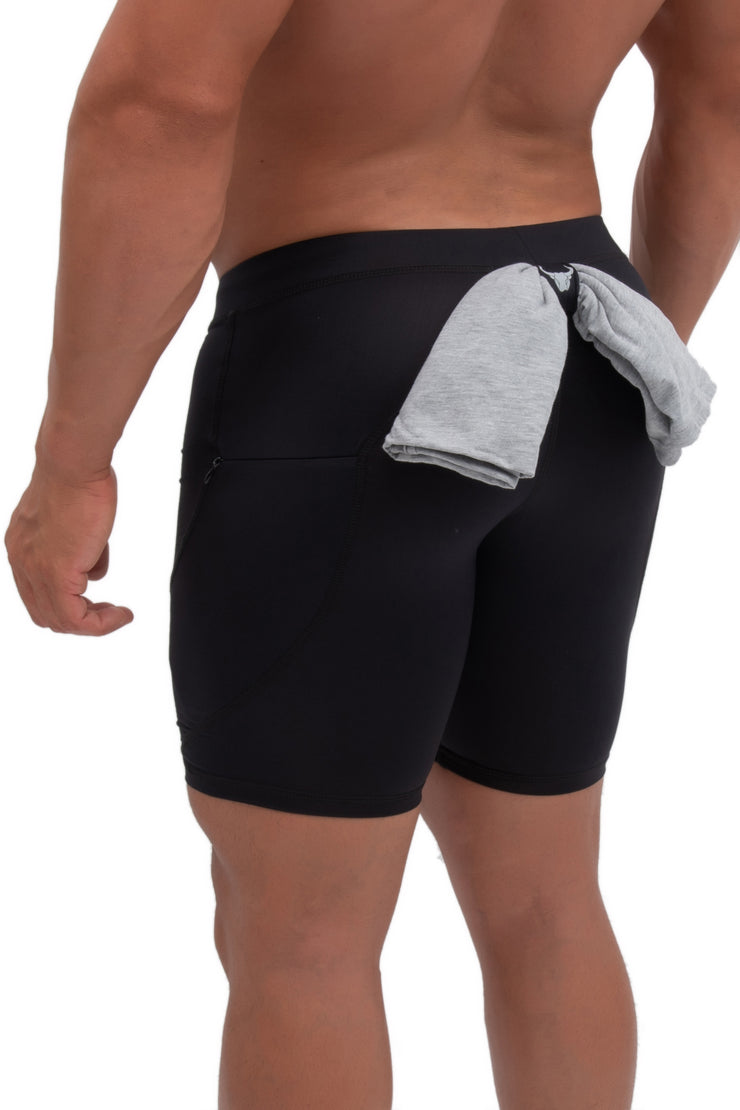 backside of black mens spandex shorts with t-shirt loop