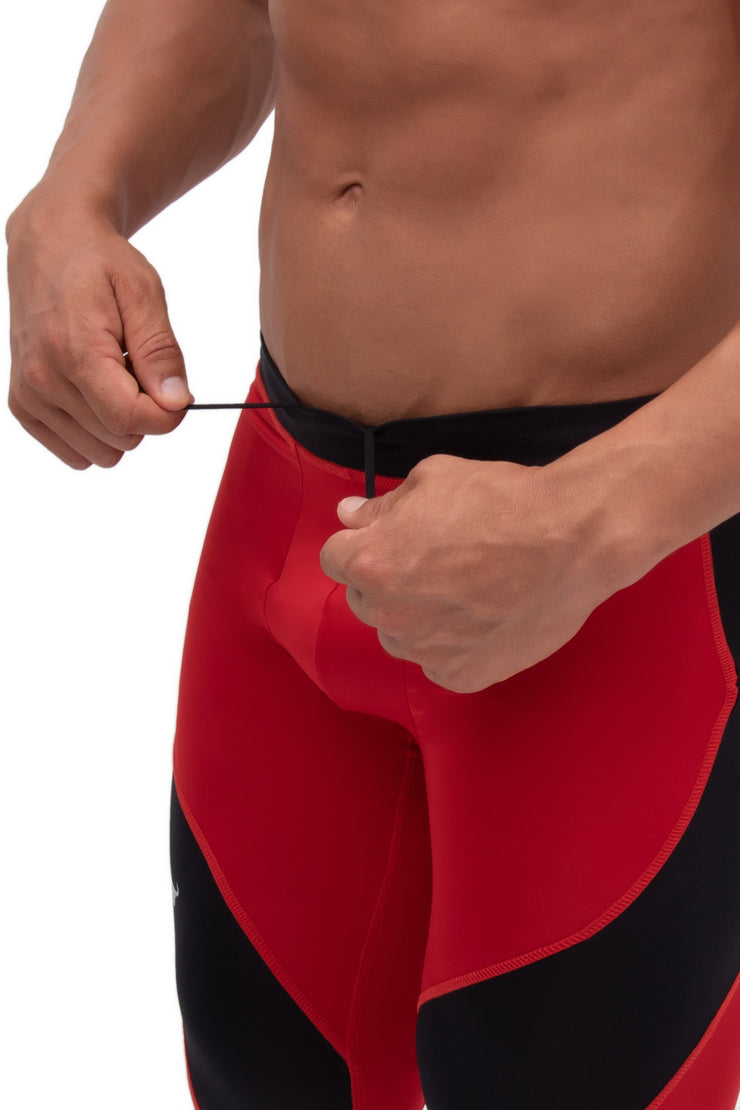 red and black dual color compression leggings for men with adjustable drawstring