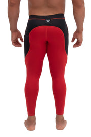 backside of red and black men's workout tights