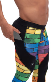side view of rainbow compression tights for men with phone pocket
