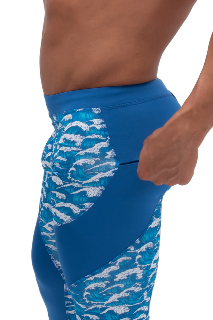 side view of tsunami leggings for men with secure zip pocket
