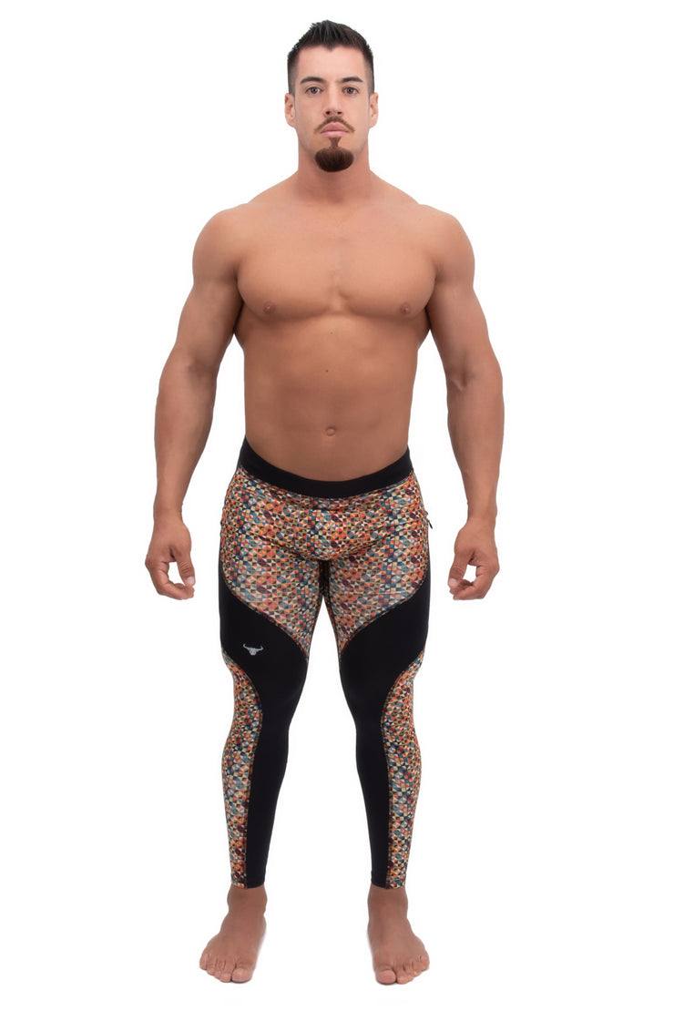 Male model wearing multicolor patchwork compression pants