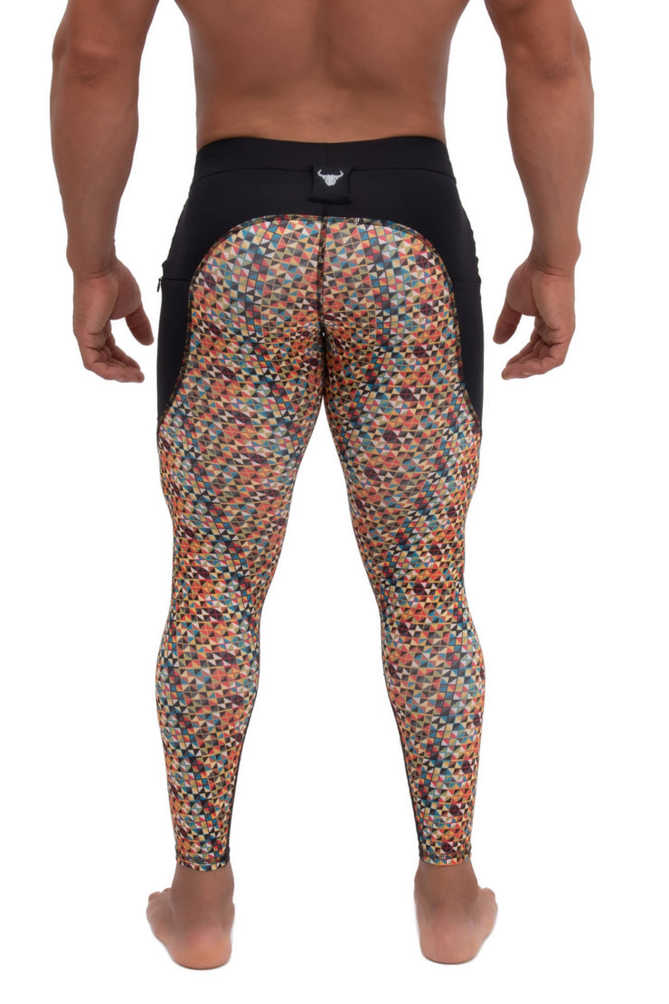 backside of multicolor printed patchwork compression tights for men