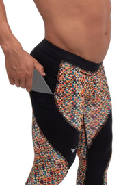 side view of multicolor patchwork leggings with phone pocket