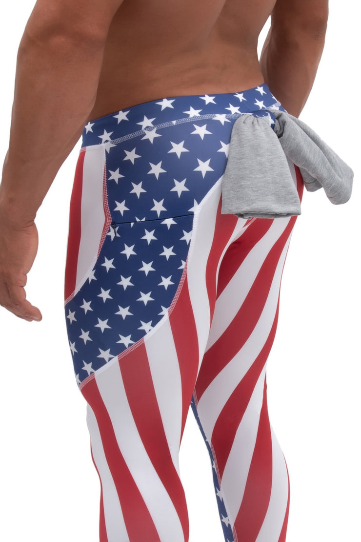 meggings | side view of American compression tights for men with shirt loop