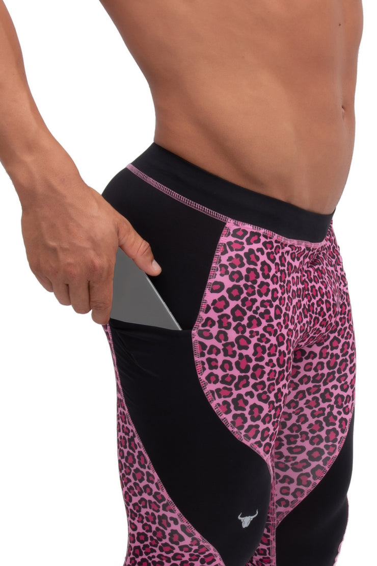 side view of pink animal print leopard leggings with side pocket