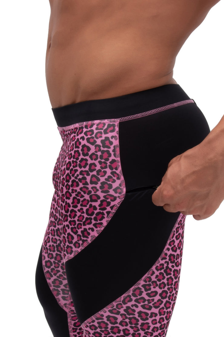 side view of men's pink leopard tights with secure zip pocket