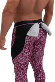 back view of pink leopard animal print compression pants for men