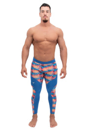 mens leggings | Male model wearing blue meggings with abstract printed design