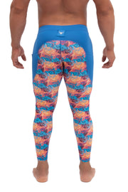 meggings | back side of blue men's leggings with abstract printed design